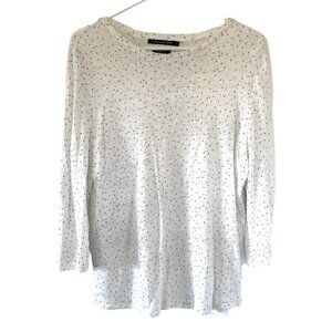 French Monoprix 100% Linen White with Black Polka Dots Long-Sleeve Top